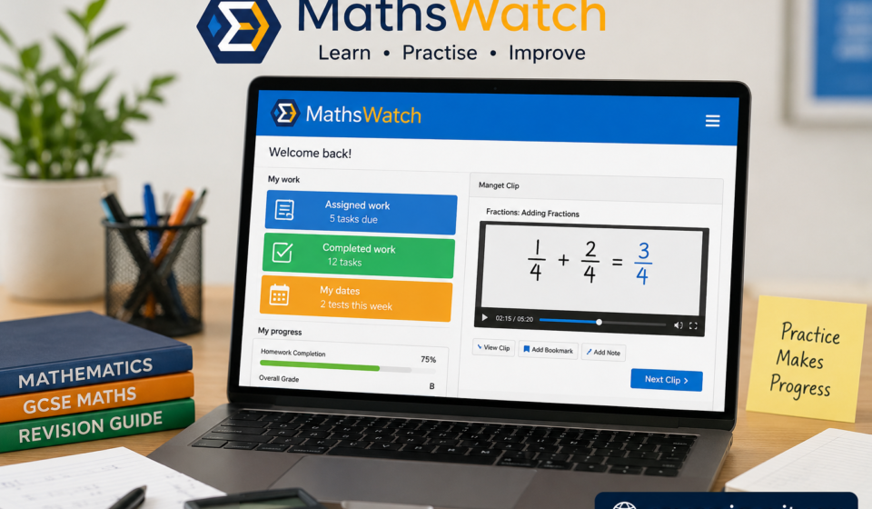 Student using MathsWatch online maths lessons and practice questions on a computer