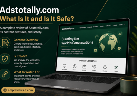 Adstotally.com website overview with content categories, safety information, and a laptop display.