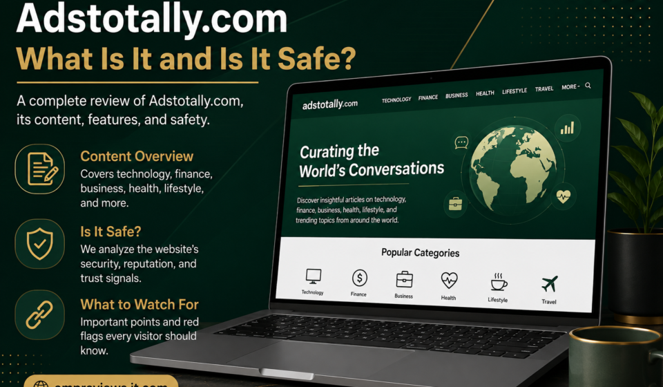 Adstotally.com website overview with content categories, safety information, and a laptop display.