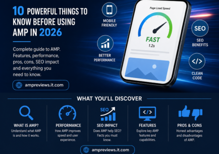 AMP reviews guide showing mobile performance, page speed, SEO benefits, AMP features, and pros and cons