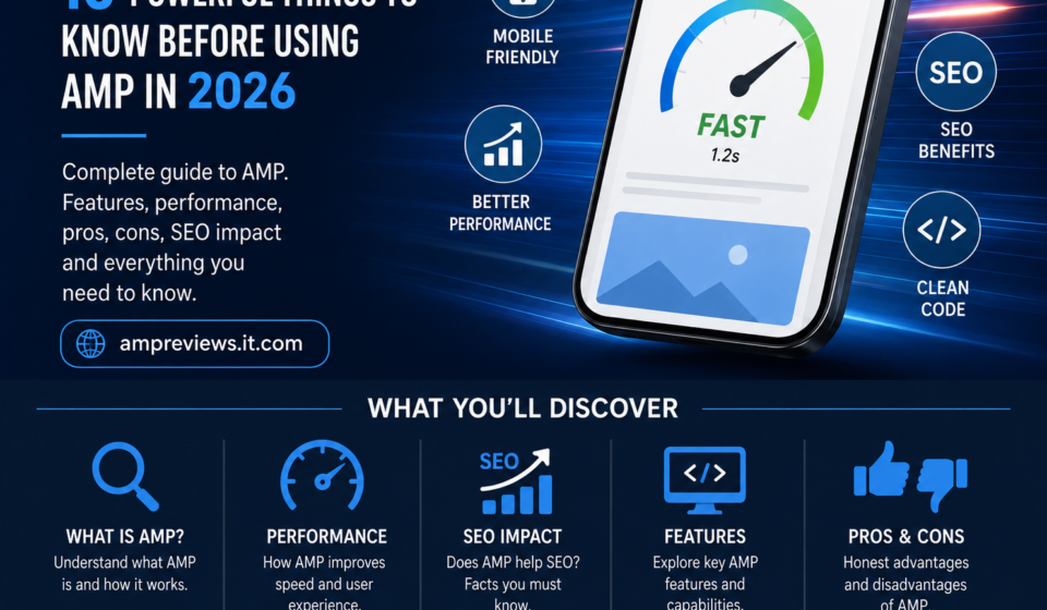 AMP reviews guide showing mobile performance, page speed, SEO benefits, AMP features, and pros and cons