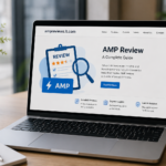 AMP review guide displayed on a laptop with website performance and mobile optimization information.