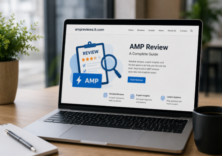 AMP review guide displayed on a laptop with website performance and mobile optimization information.
