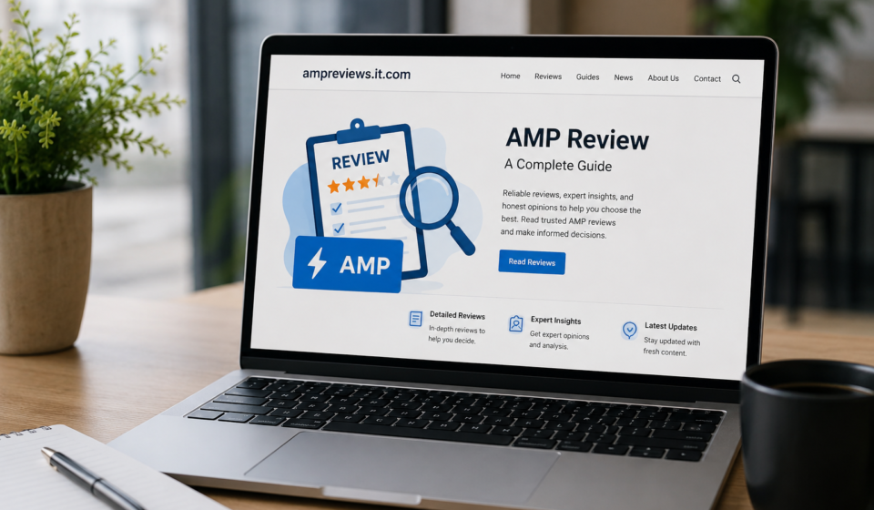 AMP review guide displayed on a laptop with website performance and mobile optimization information.