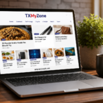 TXMyZone website homepage showing news, technology, business, lifestyle, health and travel articles on a laptop
