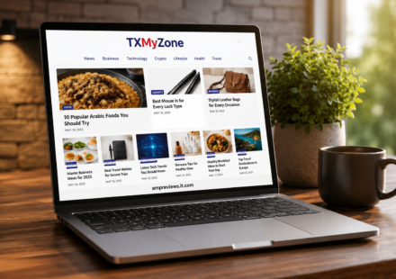 TXMyZone website homepage showing news, technology, business, lifestyle, health and travel articles on a laptop