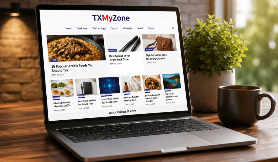 TXMyZone website homepage showing news, technology, business, lifestyle, health and travel articles on a laptop