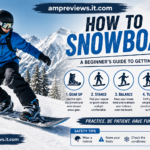 Beginner snowboarder practicing balance and basic turns on a snowy mountain slope.