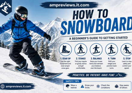 Beginner snowboarder practicing balance and basic turns on a snowy mountain slope.
