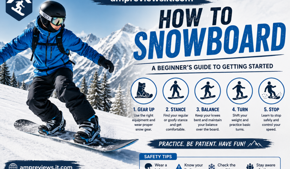 Beginner snowboarder practicing balance and basic turns on a snowy mountain slope.