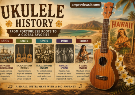 Ukulele history showing a traditional ukulele and its Hawaiian musical heritage.