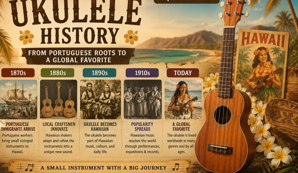 Ukulele history showing a traditional ukulele and its Hawaiian musical heritage.