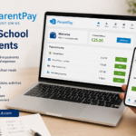 ParentPay online school payment system shown on a laptop and smartphone for managing school meals, trips, clubs, and activities.