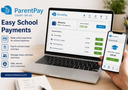 ParentPay online school payment system shown on a laptop and smartphone for managing school meals, trips, clubs, and activities.