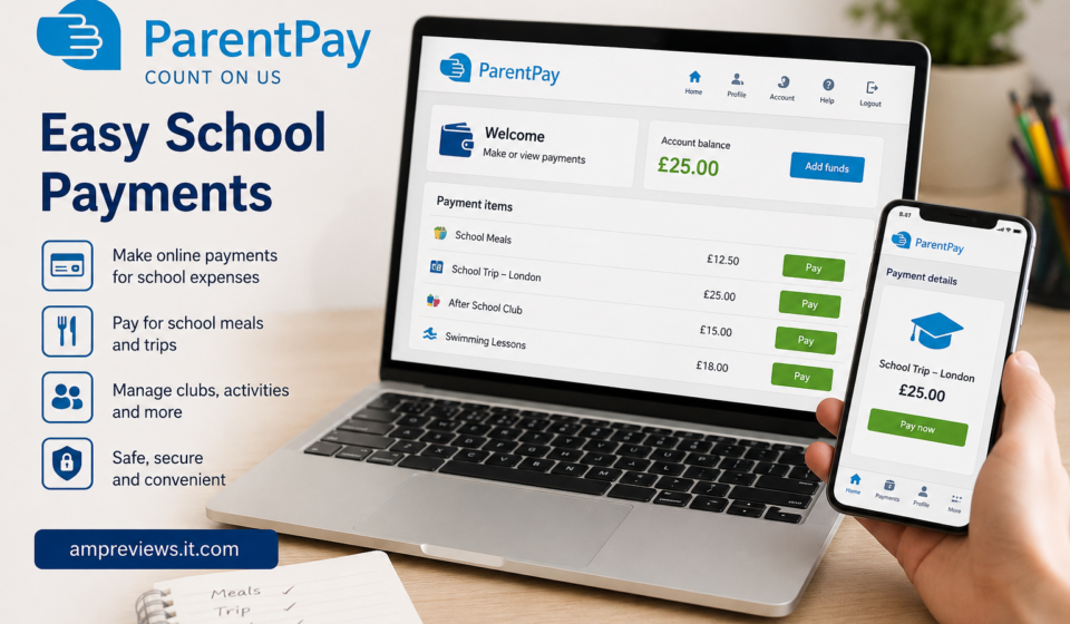 ParentPay online school payment system shown on a laptop and smartphone for managing school meals, trips, clubs, and activities.