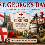 St. George’s Day illustration featuring St. George on horseback, an English flag, castle, red roses, and a dragon.