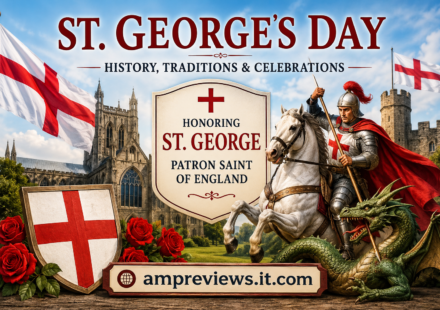 St. George’s Day illustration featuring St. George on horseback, an English flag, castle, red roses, and a dragon.