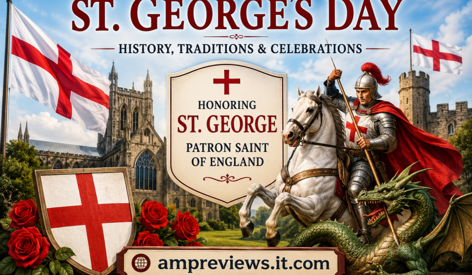 St. George’s Day illustration featuring St. George on horseback, an English flag, castle, red roses, and a dragon.