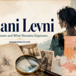 Shani Levni featured in a vintage editorial collage with artwork, photographs, notes, and a magnifying glass