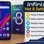 Infinix Hot 8 settings guide showing display, battery, storage, network, sound, and security options with ampreviews.it.com branding.