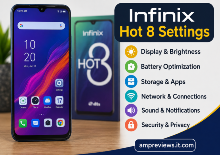 Infinix Hot 8 settings guide showing display, battery, storage, network, sound, and security options with ampreviews.it.com branding.