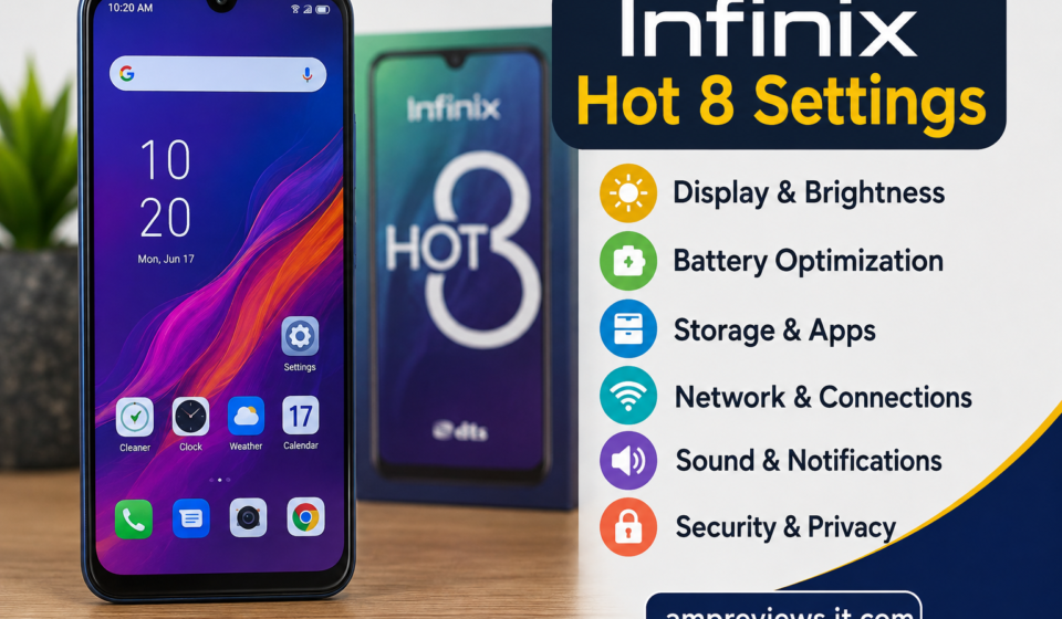 Infinix Hot 8 settings guide showing display, battery, storage, network, sound, and security options with ampreviews.it.com branding.