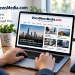A person browsing VocalNewsMedia.com on a laptop with news and informational content displayed on the screen