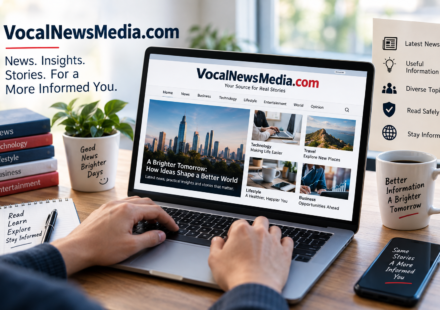 A person browsing VocalNewsMedia.com on a laptop with news and informational content displayed on the screen