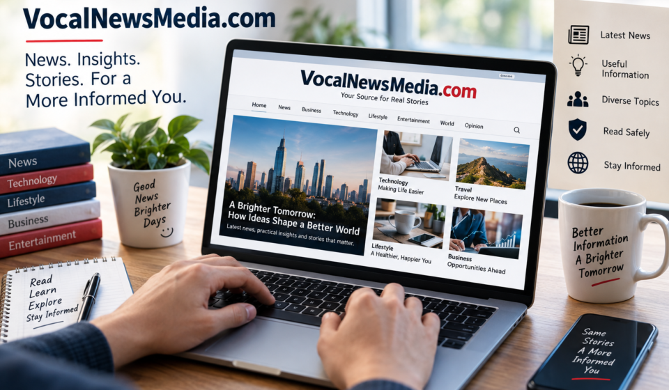 A person browsing VocalNewsMedia.com on a laptop with news and informational content displayed on the screen