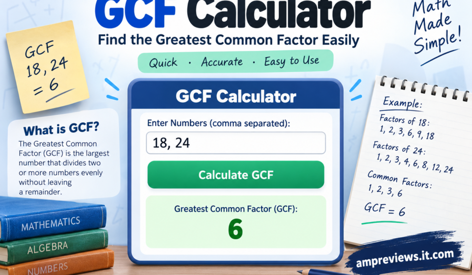 GCF Calculator showing the greatest common factor of two or more numbers