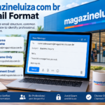 Magazine Luiza email format guide showing professional email address examples and email structure.
