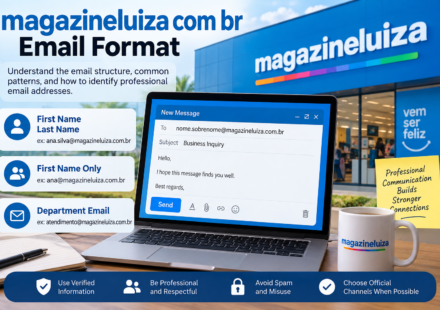 Magazine Luiza email format guide showing professional email address examples and email structure.