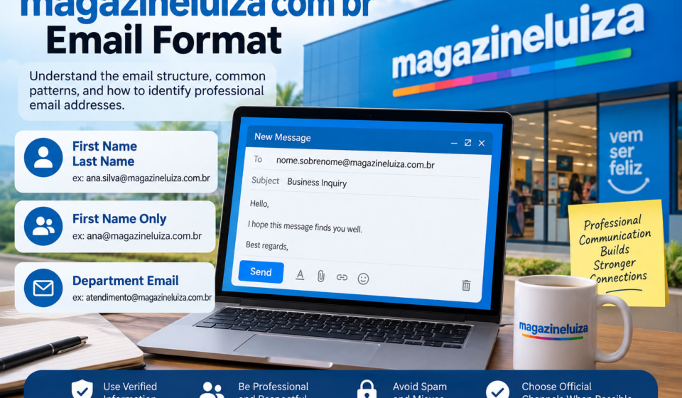 Magazine Luiza email format guide showing professional email address examples and email structure.